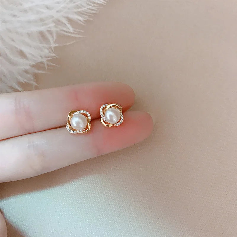 Upscale 14k gold jewelry real gold Earrings Zircon Pearl Twist Luxury Stud Earrings For Women brincos pendientes bijoux - Madeinsea©