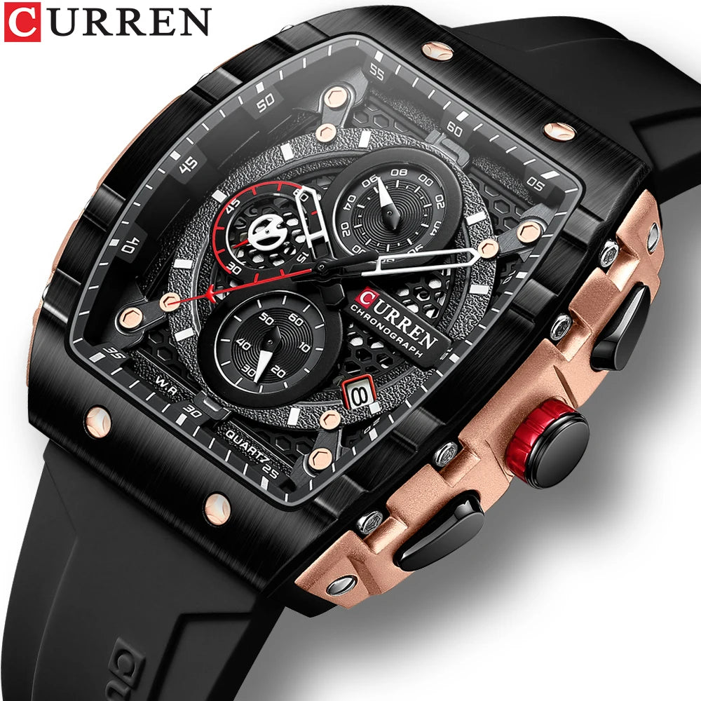 CURREN Luxury Brand Men's Wristwatches Sport Chronograph Quartz Silicone Bracelet Watches with Big Dial