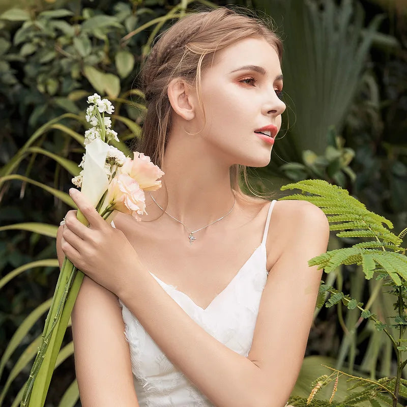 BISAER Authentic 100% 925 Sterling Silver Flower Fairy Clavicle Pendants Necklaces Adjustable Chain For Women Fine Jewelry