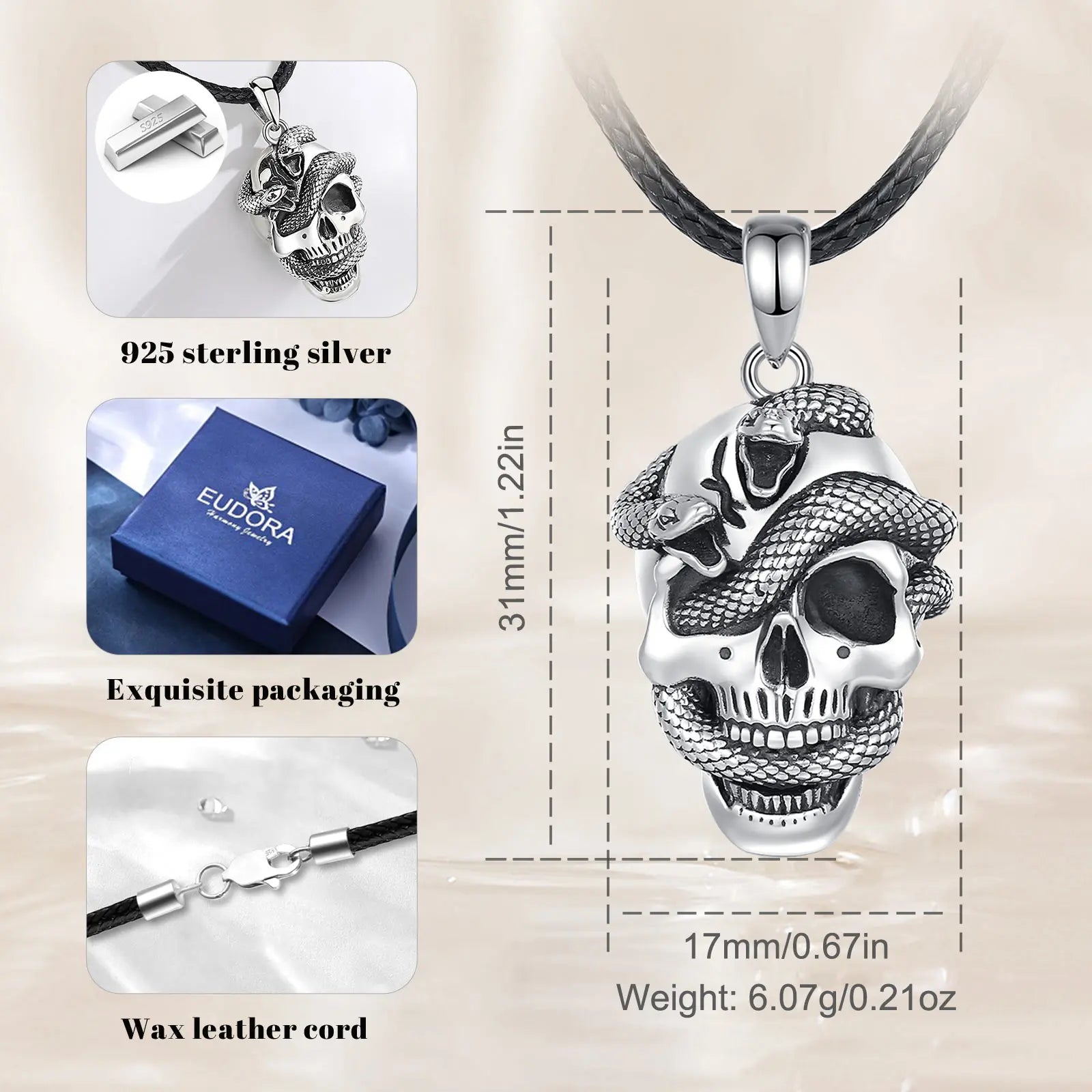 Eudora 925 Sterling Silver Skeleton Snake Necklace for Women Man Vintage Skeleton Skull Pendant Personality Jewelry Fine Gift