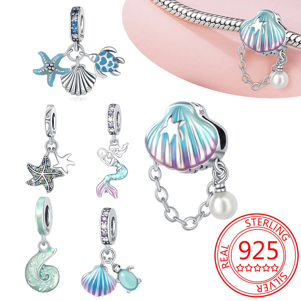 Summer 925 Sterling Silver Sea Mermaid Shell Charm Pendant Beads Fit Charms Original Bracelet for Women Jewelry Making