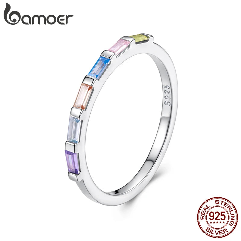 BAMOER 925 Sterling Silver Dainty Rainbow Single Band Colorful Zirconia Band Finger Ring for Women Teens Unique Beach Party Gift