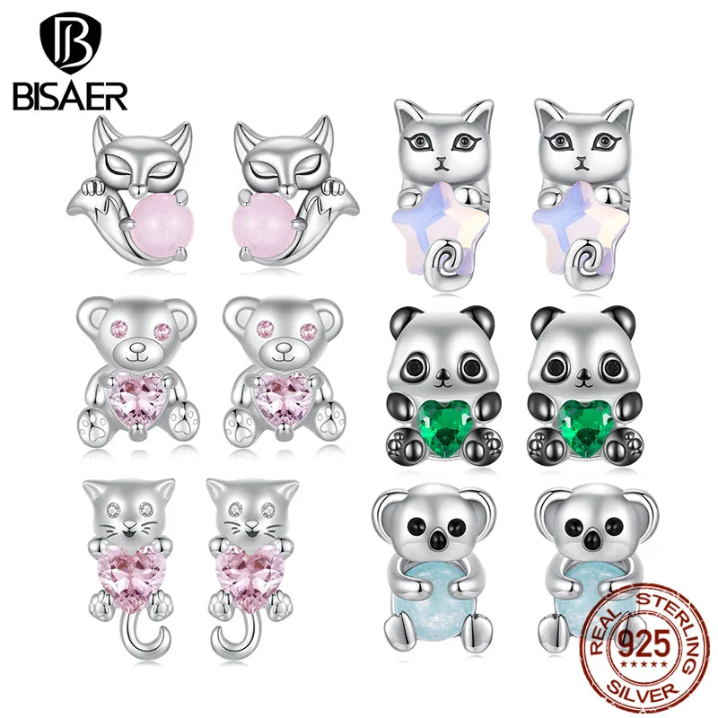 BISAER Real 925 Sterling Silver Mini Kitty Stud Earrings Fox Koala Panda Bear Animals Stud Ear For Girls Party Fine Jewelry Gift