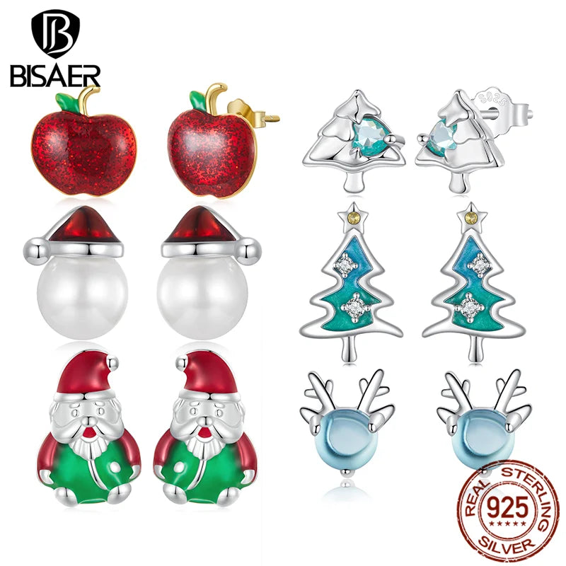 BISAER 925 Sterling Silver Santa Claus ChristmasTree Earrings for Teens, Dainty Hypoallergenic Studs Christmas Gifts Jewelry