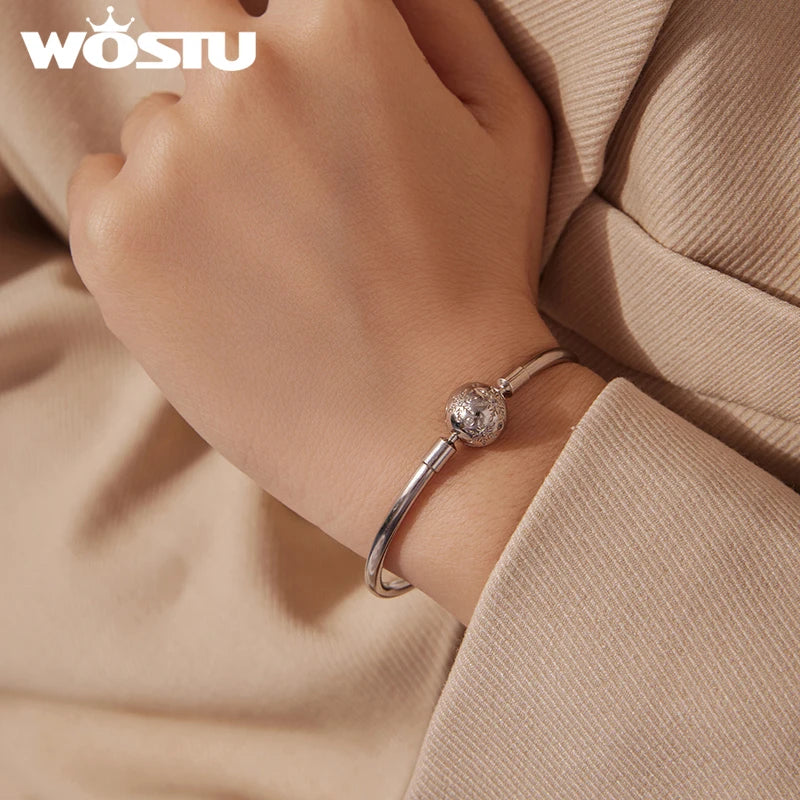 WOSTU 925 Sterling Silver Snowflake Bangle Bracelet With Zircon , Snake Chain Bangles Fit DIY Charms Valentine Xmas Jewelry Gift