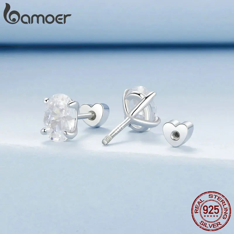 BAMOER 925 Sterling Silver Classic Sparkling Oval Solitaire CZ Stud Earrings for Women, White Gold Plated Hypoallergenic Earring
