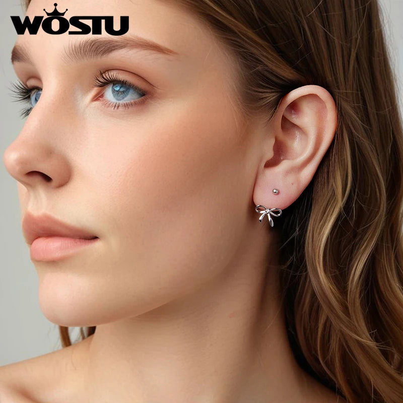 WOSTU 925 Sterling Silver Ball Bowknot Front Back Earrings For Women, Heart Earring jackets Birthday Anniversary Jewelry Gift