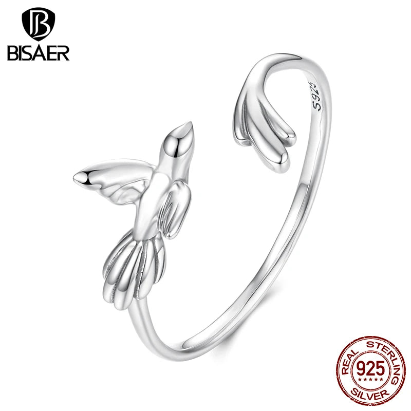 BISAER 925 Sterling Silver Bird Open Ring Animal Band Adjustable Size 5-8 for Women Party Original Design Fine Jewelry EFR714-E