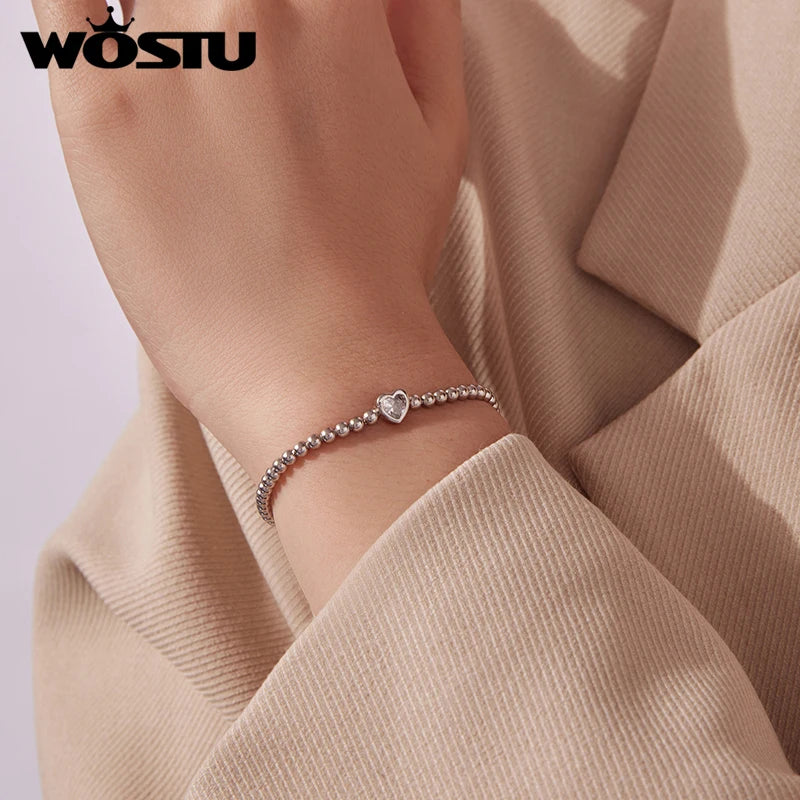 WOSTU 925 Silver Bead Bracelet with 7mm Heart Round CZ, Adjustable Spring bangle Bracelet to 16-19cm Valentines Day Jewelry