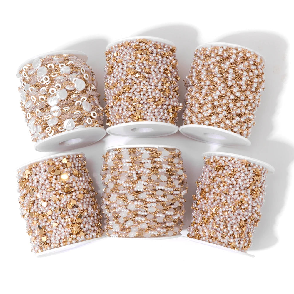 50/100cm Imitation Pearl Beads Handmade Chain Gold Color Adjustable Zinc Alloy Beading Chains For Jewelry Making Crafts Supplies