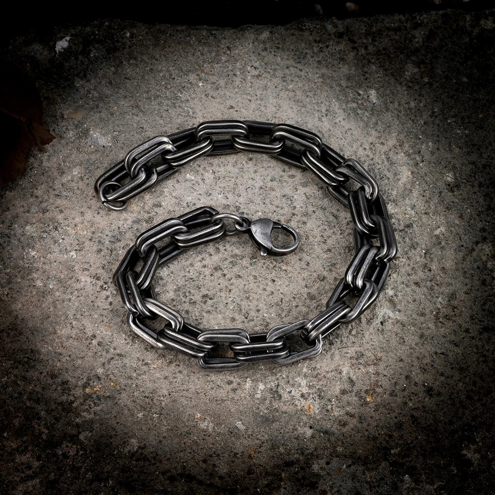 MKENDN Vintage Oxidized Black Double Lock Link Chain Bracelets pour Hommes Acier Inoxydable Punk Moto Charm Bracelets Mâle Puls