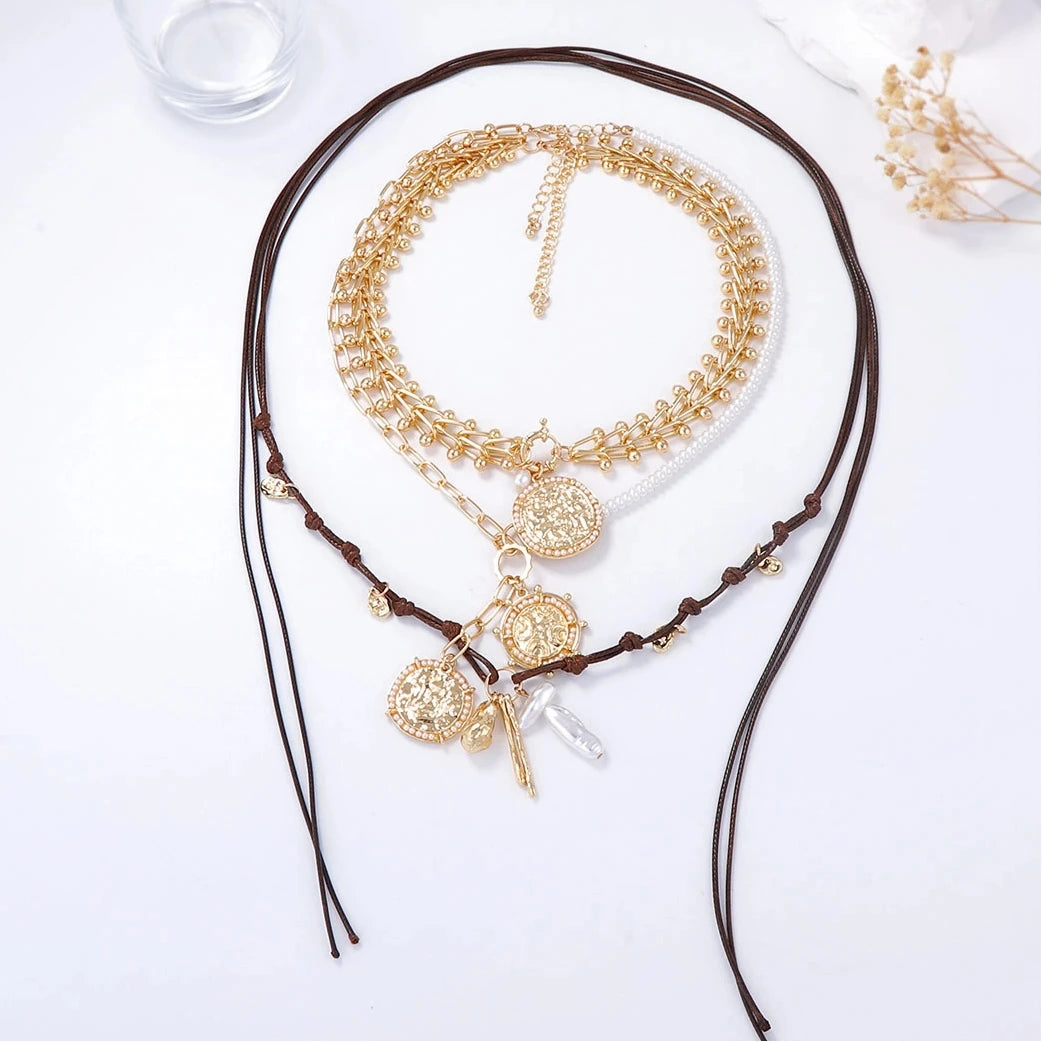 ZAA Retro Personalized Geometric Badge Imitation Pearl Pendant Women's Multi Layer Necklace