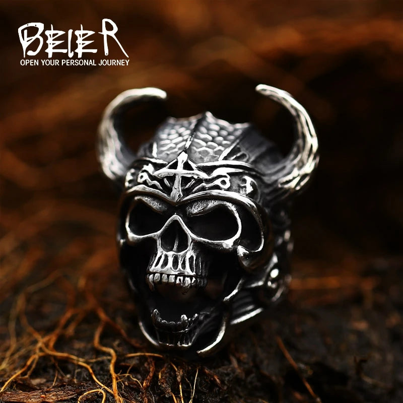 Beier Bague en acier inoxydable 316L pour homme avec tête de mort et croix viking, style punk nordique, cornes, dieu de la guerre, bijoux de haute qualité LLBR8-692R