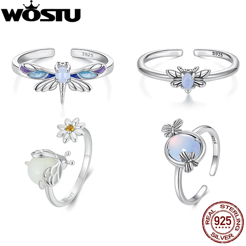 WOSTU 925 Sterling Silver Luminous Dragonfly Bee Ring Women Rainbow Glow in DarK Kunzite Open Rings Party Jewelry Birthday Gift