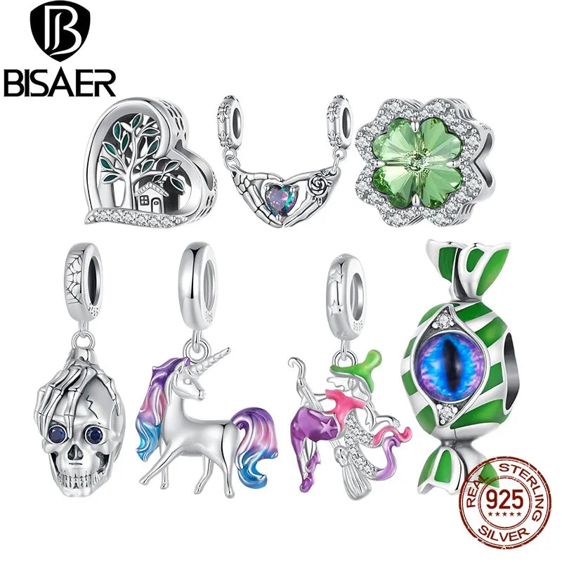 BISAER 100% 925 Argent Sterling Squelette Double Créole Coeur Charm Perle Bonbon Sorcière Pendentif Fit Femme Halloween Fête DIY Bracelet