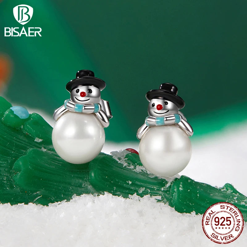 Boucles d'oreilles à tige en argent sterling 925 BISAER en forme de bonhomme de neige avec perles et émail plaqué or blanc pour femme, bijoux fins, cadeau de vacances