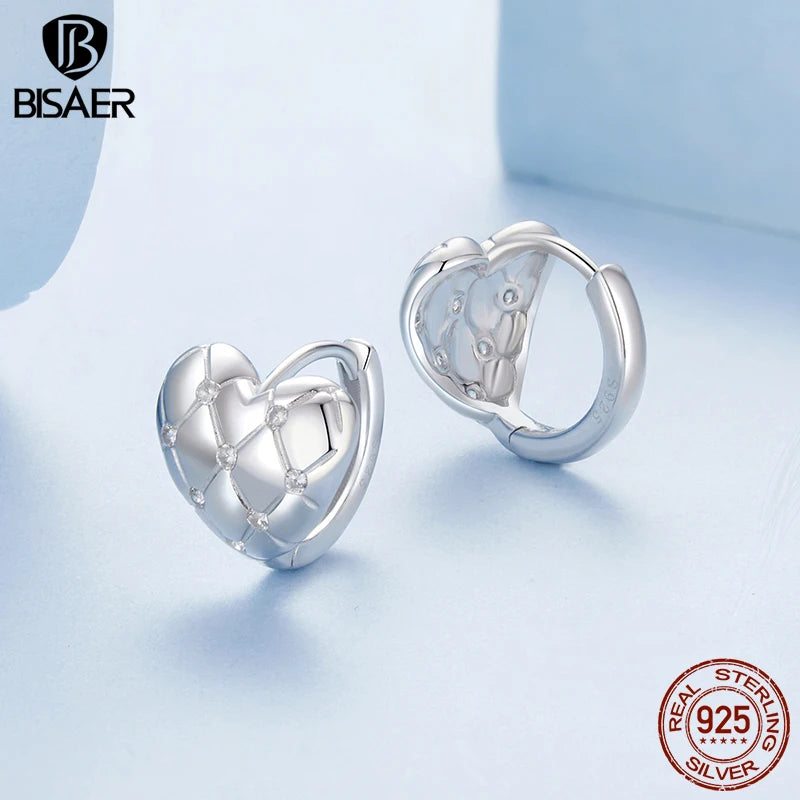 Boucles d'oreilles créoles matelassées en argent sterling 925 BISAER en forme de cœur plaqué or blanc pour femmes romantiques, bijoux fins