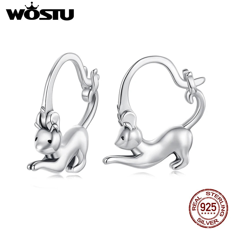 WOSTU Pet Cat Earrings Solid 925 Sterling Silver Lovely Cats Huggie Hoop Earrings Fine Jewelry gift For Family Daughter Girl