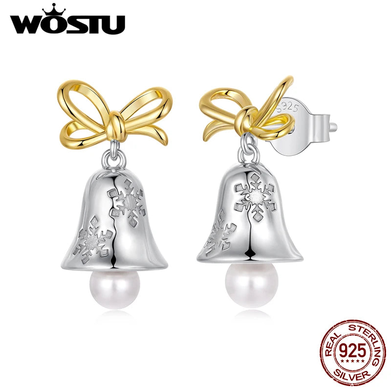 WOSTU Big Christmas Snowflake Bell Earrings, Sterling Silver Bow Pearl Drop Dangle Earrings for Women Holiday Party Ear Jewelry