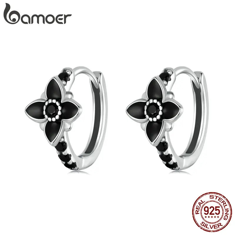 BAMOER Solid 925 Sterling Silver Nightfall Flower Hoop Earrings for Women Teens Heart Huggie Birthday Gift SCE1801