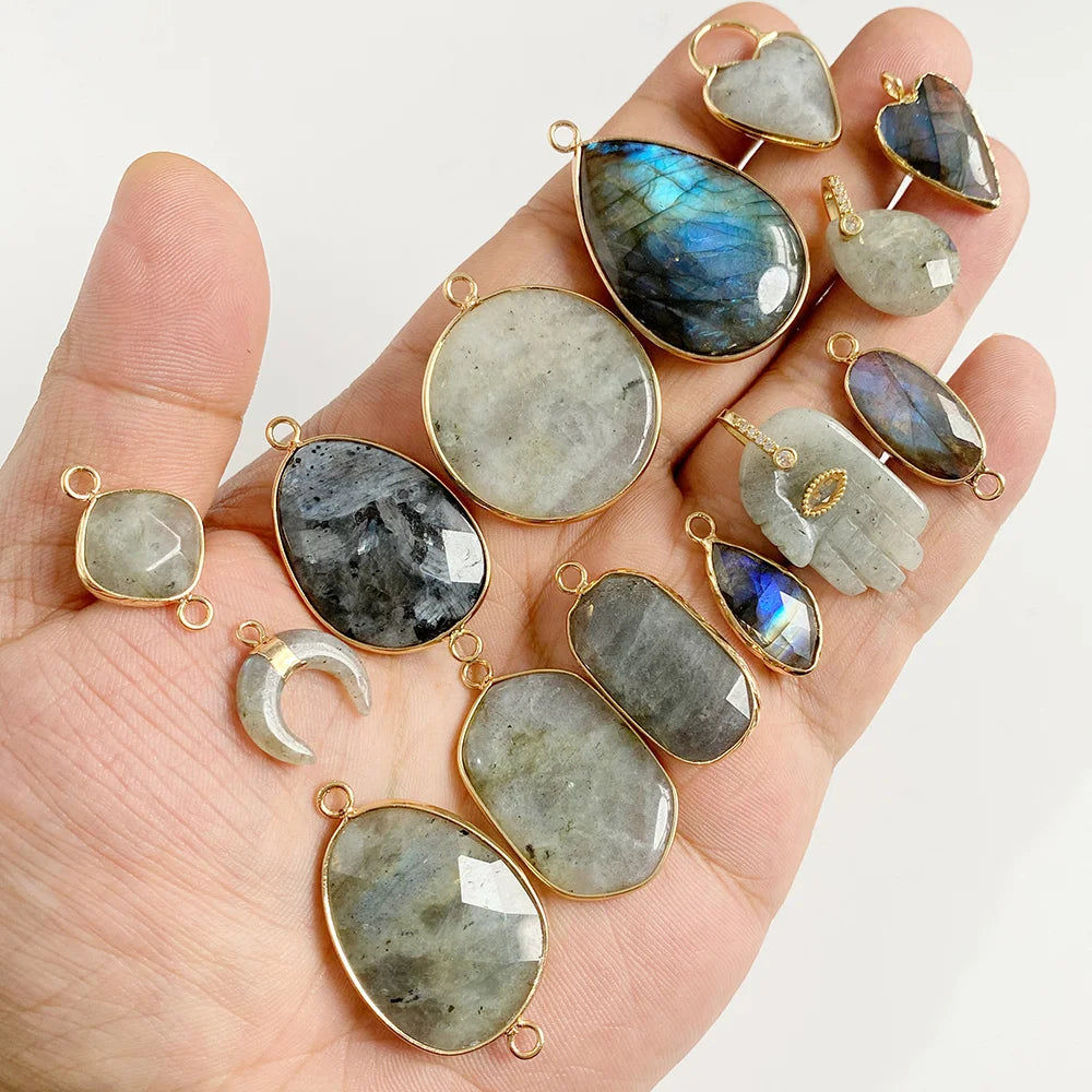 2PCS Natural Flash Labradorite Stone Pendant Irregular Shape Fashion Flash Labradorites Charms Connector For Jewelry Making DIY