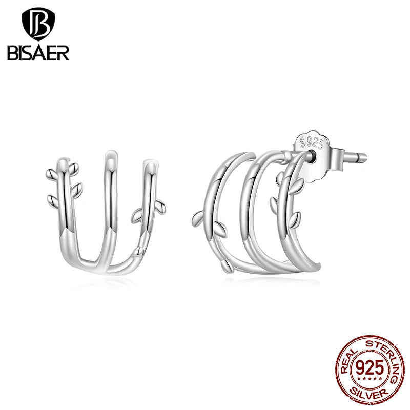 BISAER Solid 925 Sterling Silver Multi-layer Leaves Earrings Simple leaf Stud Earrings for Women Party Fine Jewelry ECE1897