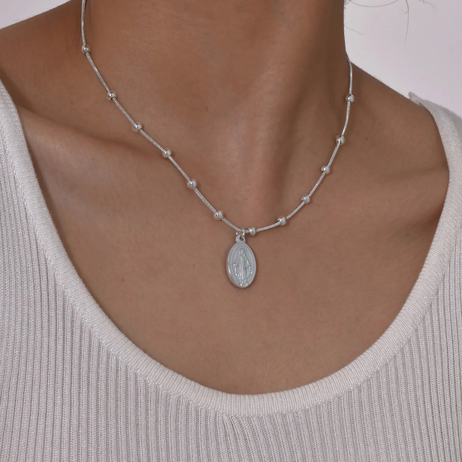 Vnox Light Luxury Rosary Necklaces For Women,Stainless Steel Beads Chain Virgin Mary Pendent,Cross Tail Religion Jewelry Gift