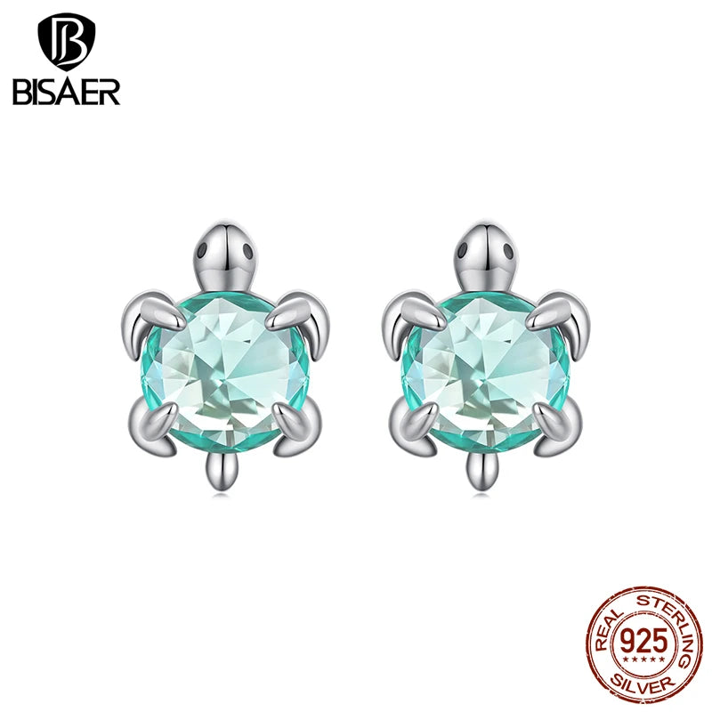 BISAER 925 Sterling Silver Turtle Stud Earrings Green Glass Stud Ear for Women & Girls Party Fine Jewelry Holiday Gift ECE1879