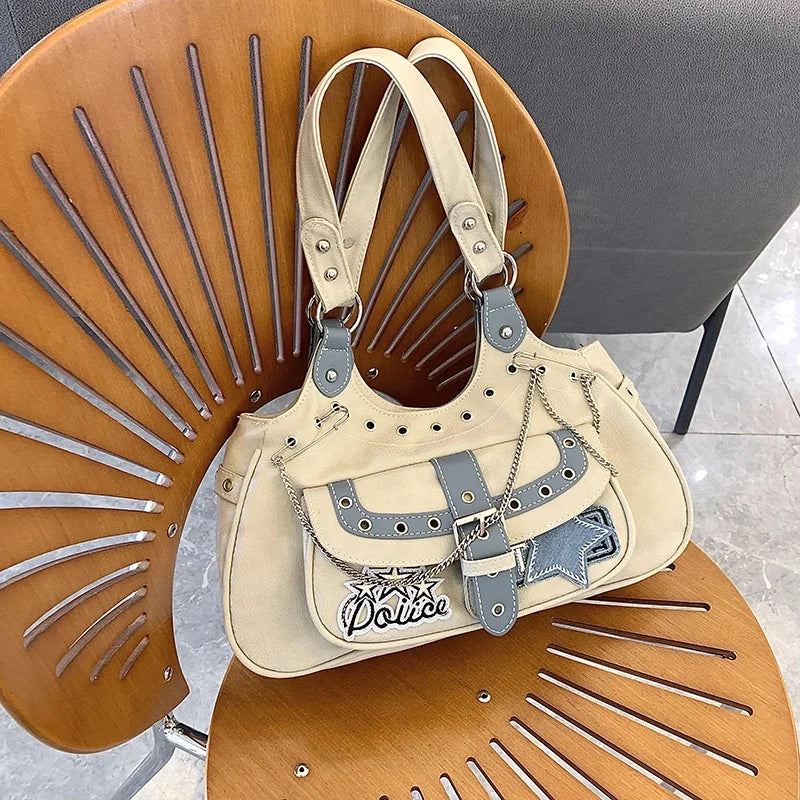 Gothic Punk Y2K One Shoulder Tote Bag, Harajuku Aesthetic Leather Patc