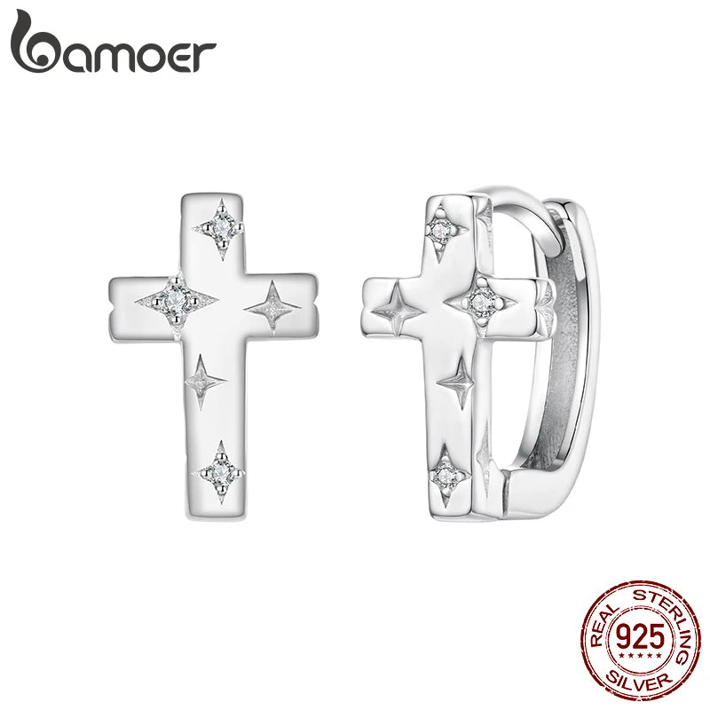 BAMOER Vintage-Kreuz-Ohrringe aus 925er Sterlingsilber für Damen, mit Zirkonia besetzt, zartes Schmuckstück, hypoallergen