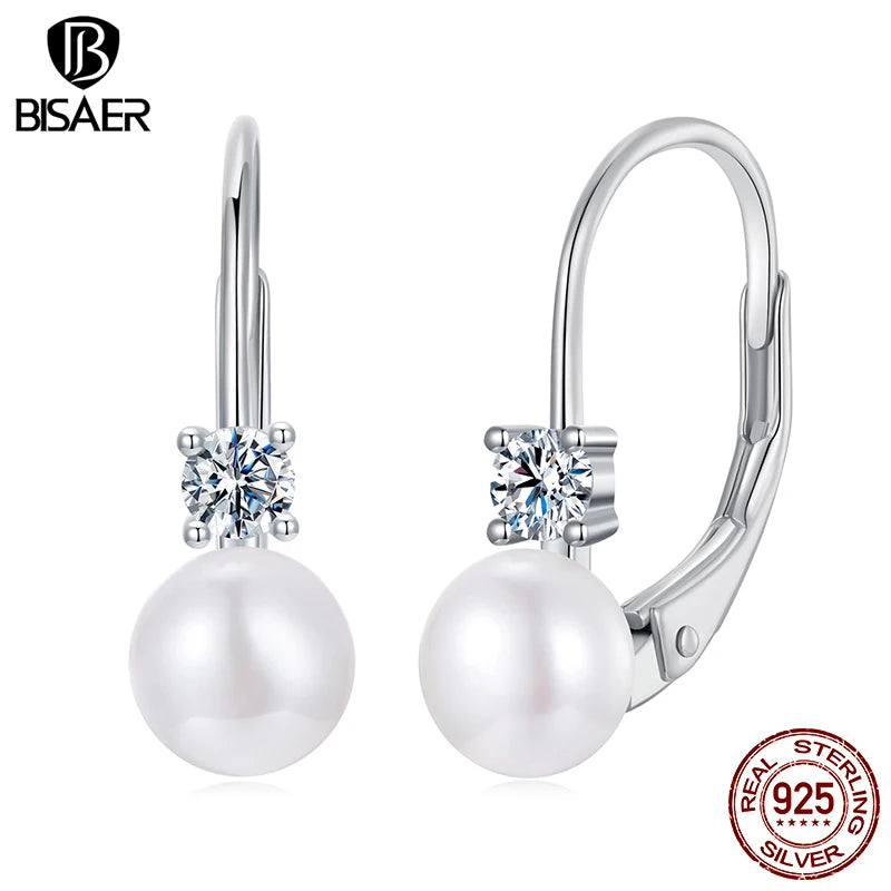 Boucles d'oreilles en perles d'eau douce en moissanite BISAER en argent sterling 925 pour femmes élégantes, diamants de laboratoire à coupe ronde, bijoux fins de mariage