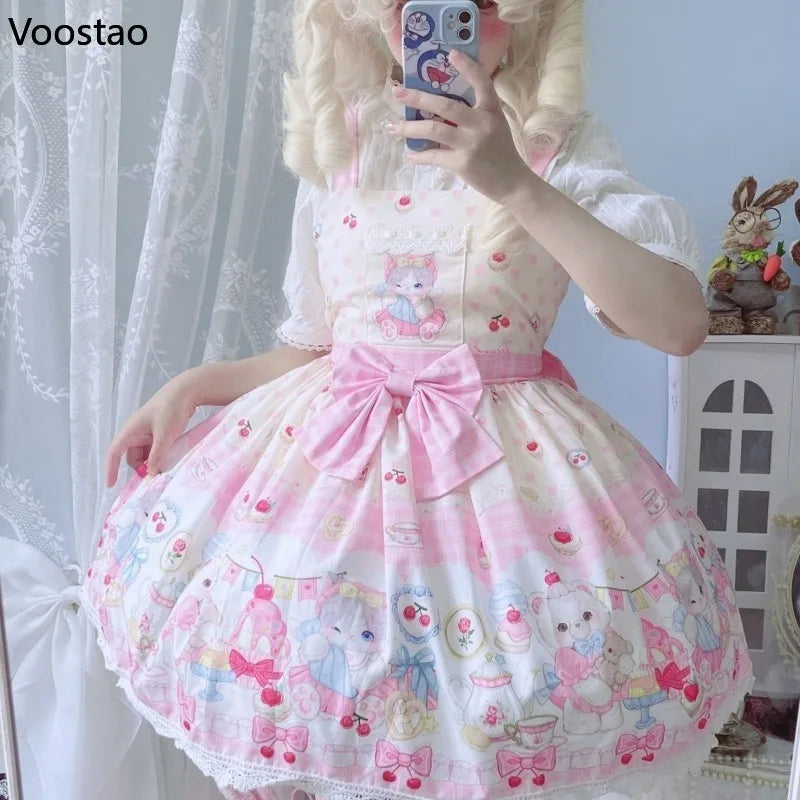 Japanese Sweet Lolita Jsk Dress Women Kawaii Cartoon Cat Print Bow Lace Ruffles Strap Dress Girls Cute Tea Party Mini Dresses