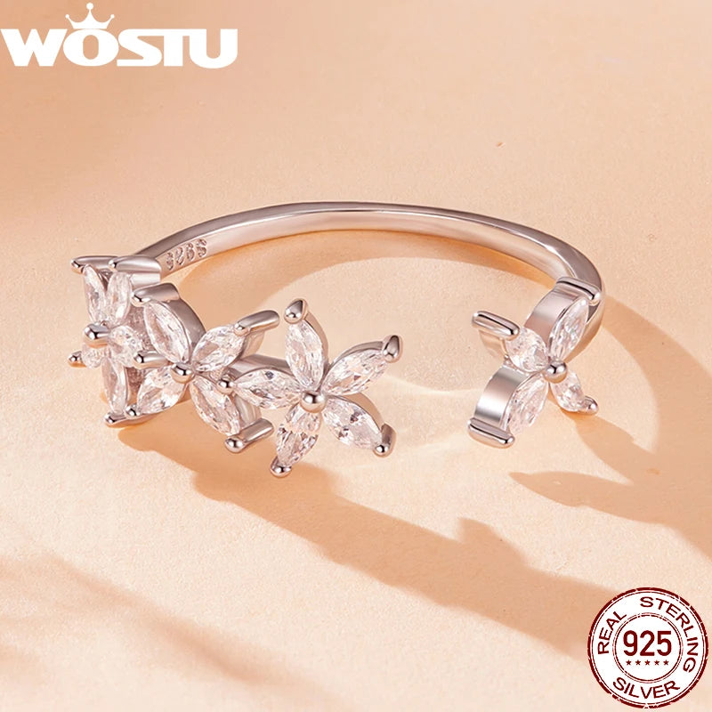WOSTU 925 Sterling Silver Clear Zircon Mini Flower Opening Ring For Women , Lovely Cubic zirconia Engagement Rings Fine Jewelry