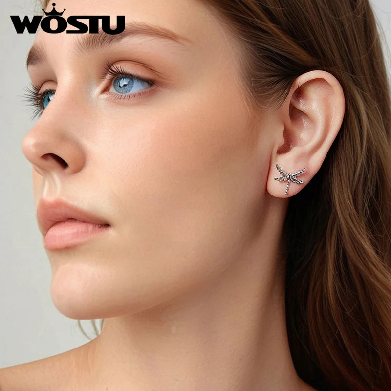 WOSTU 925 Sterling Silver Moonlight Butterfly Stud Earrings The Wings of Dragonfly Vivid for Women Birthday Fine Jewelry Gift