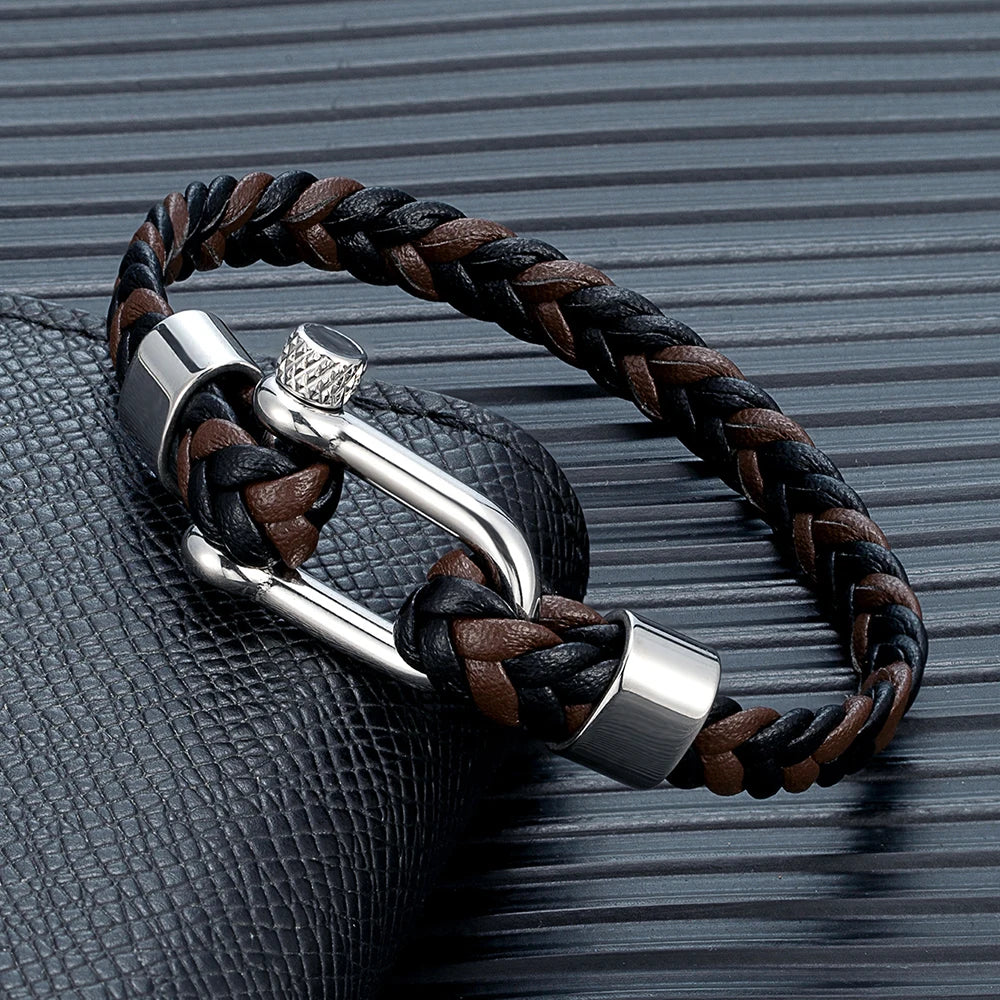 MKENDN Punk Men Braided Black Coffee Leather Bracelet Stainless Steel Shackle Buckle Bracelet Gifts Homme Pulsera