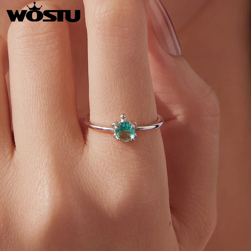 WOSTU S925 Silver Original Turtle Ring for Women, Cute Animal Stackable Tortoise Ring with Green Stone Adjustable Jewelry Gift