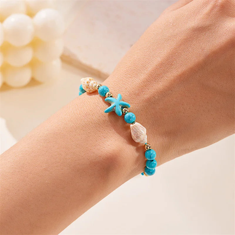 Bohemian Starfish Conch Shell Beads Bracelet For Women Girls Summer Beach Party Rice Bead Adjustable Bangle Friendship Jewelry