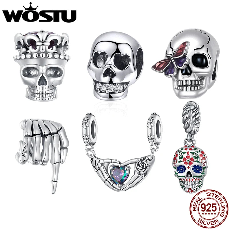 WOSTU 925 Sterling Silver Punk Vintage Skull Charm Bead Butterfly Pendant Heart Hand Safty Chain Fit DIY Bracelet Jewelry Making