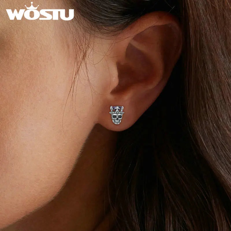 WOSTU 925 Sterling Vintage Silver Punk Jewelry Skull Crown Stud Earrings Women Carved Purple Zircon Personalized Hip Hop Gift