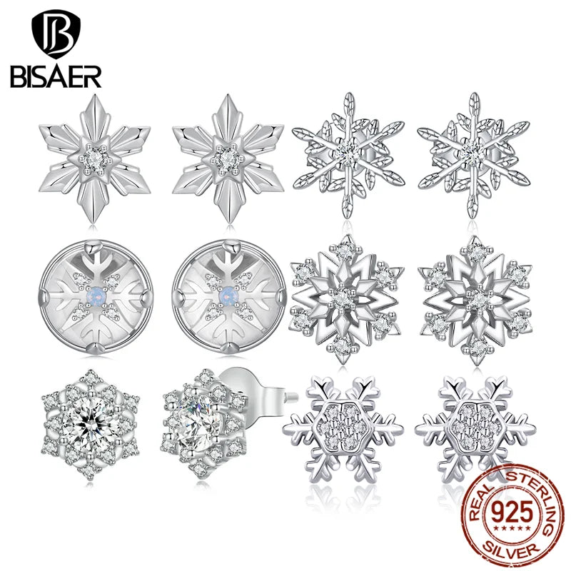 BISAER 100% 925 Sterling Silver Mini Snowflake Stud Earrings Sparkling Zircon Stud Ear For Women Party Fine Jewelry Winter Gift