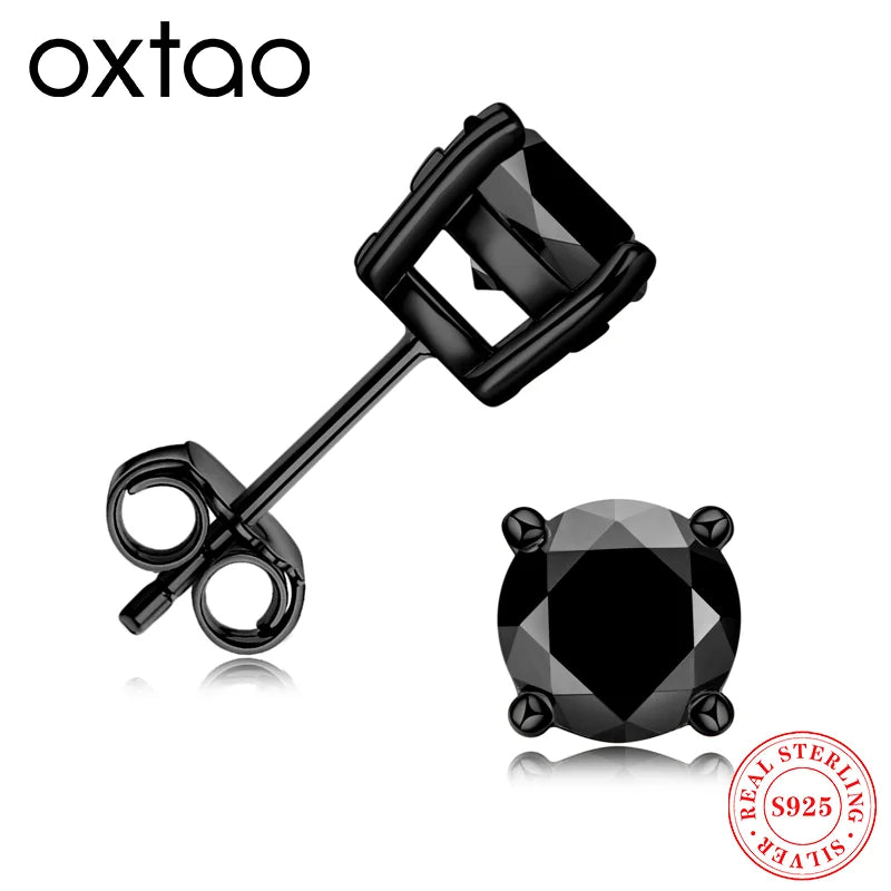 6.25mm Round Natural Black Agate Earrings 925 Sterling Silver Fashion Casual Men Women Simple Ear Stud for Party Gemstone Gift