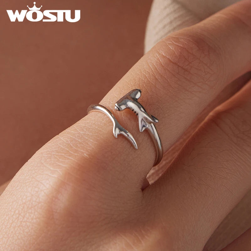 WOSTU 925 Sterling Silver Hammerhead Shark Open Ring For Women , Original Ocean Animal Stacking Rings Holiday Fine Jewelry Gift