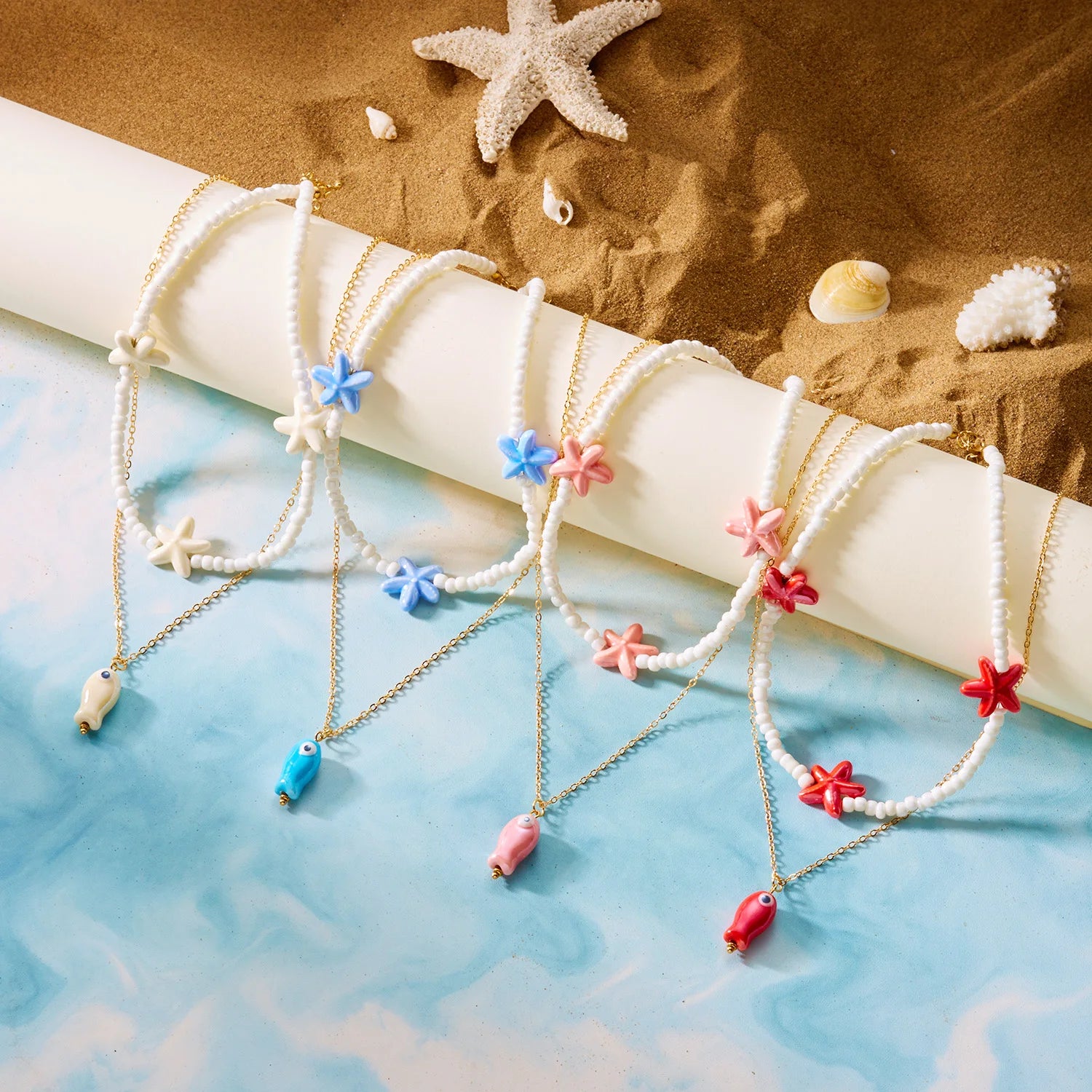 Boho Ceramic Small Fish Starfish Pendant Necklace for Women Vintage Double Layer Rice Beads Beaded Metal Chain Choker Jewelry
