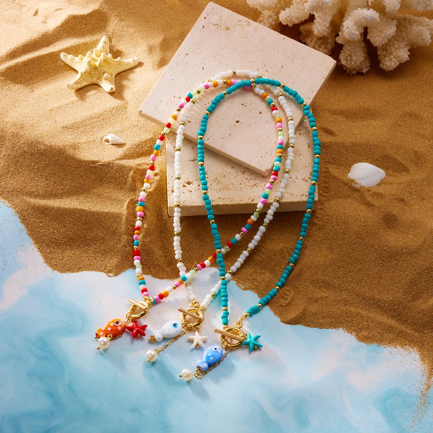 Charm Ceramic Cartoon Fish Pendant Necklace For Women Girls Colorful Rice Beads Starfish OT Buckle Choker Beach Party Jewelry