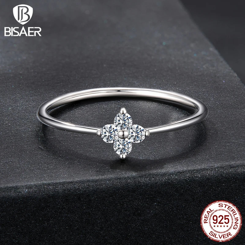 BISAER 925 Sterling Silver Moissanite Lucky Four-Leaf Clover Ring VVS1 EX Delicate Lab Diamond Forever Band Women Fine Jewelry