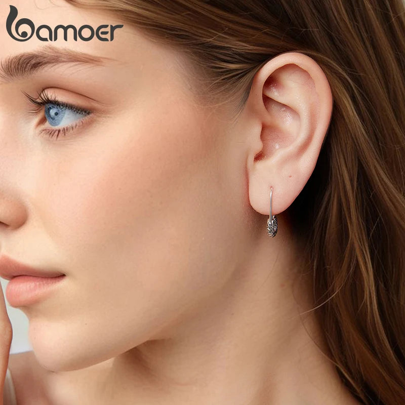 BAMOER Oxidized Scroll Pattern Hook Earrings Thin Hoop Earrings for Women Minimalist Fine Jewelry Gift 925 Sterling Silver