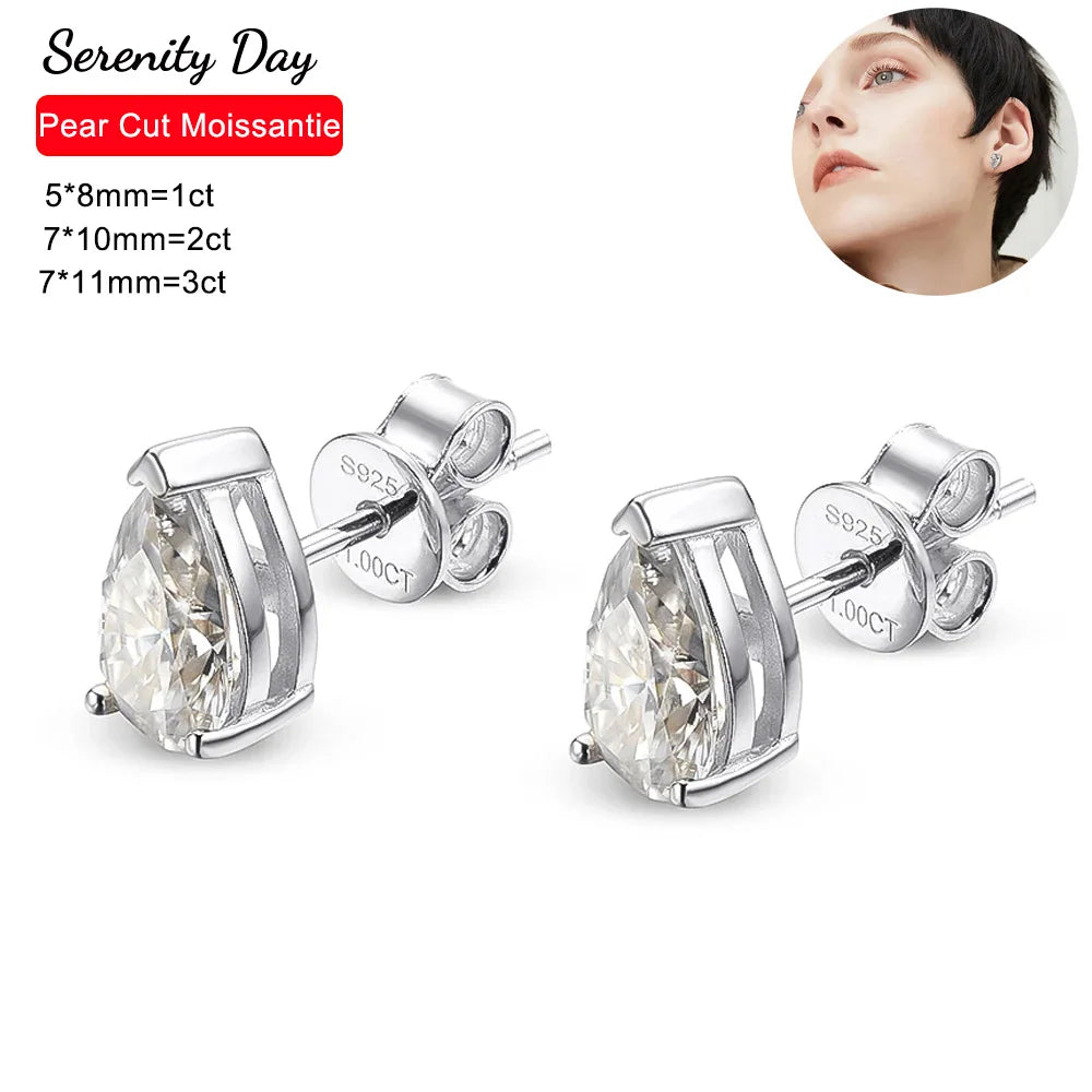 Serenity 1ct 2ct 4ct D Color Pear Moissanite Earrings For Women Gift 100% S925 Sterling Silver Drop-Water Stud Earrings Jewelry