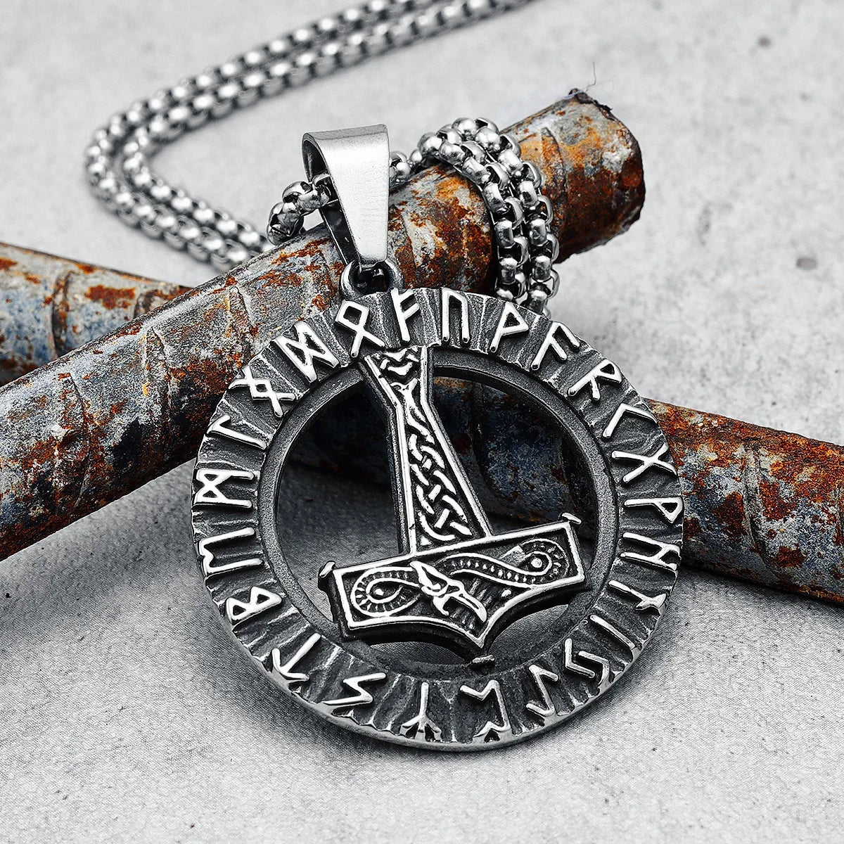 Viking Runes Men Necklaces 316L Stainless Steel Retro Thor's Hammer Pendant Chain Punk Rock for Boyfriend Male Jewelry Best Gift