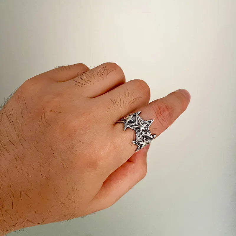 Retro Triple Star Ring For Men Women Silver Color Punk Gothic Vintage Open Ring Handmade Designer Jewelry Unisex Accessories