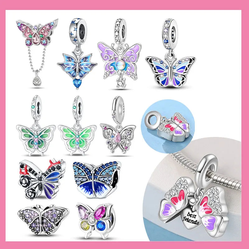 Charms 925 Silver Butterfly Series Zircon Colorful Butterfly Beaded Pendant Fit Original Bracelet DIY Jewelry Making for Women